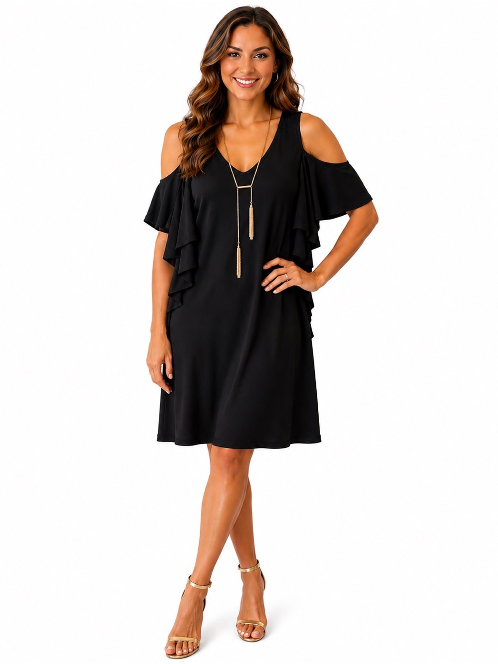 Luxology Black Cold-Shoulder Ruffle Mini Dress